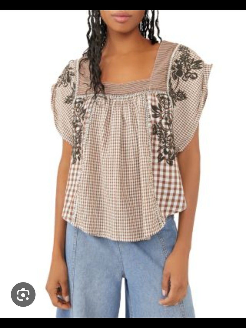 Free People Brown Gingham Embroidered Square-Neck Blouse